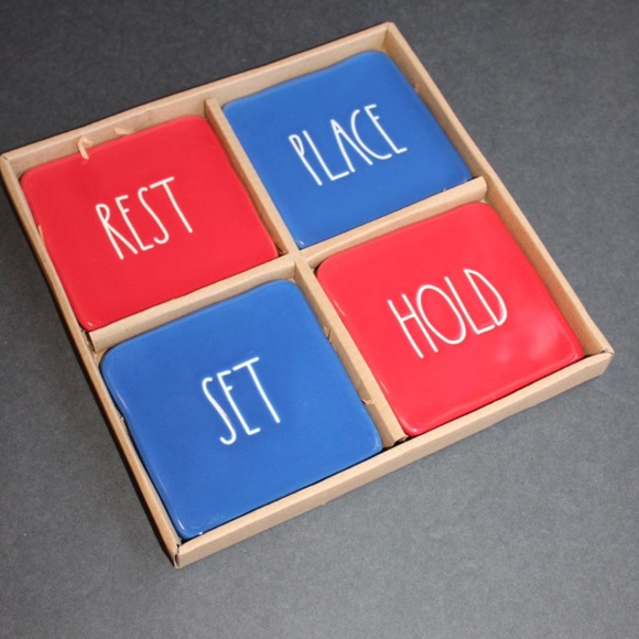 RAE DUNN REST/SET/HOLD/PLACE red/blue ceramic coaster set NIB - Picture 13 of 15